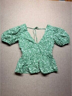 Topshop Green Floral Puff Sleeve Peplum Top Deep V-Neck Tie Back US 2 UK 6